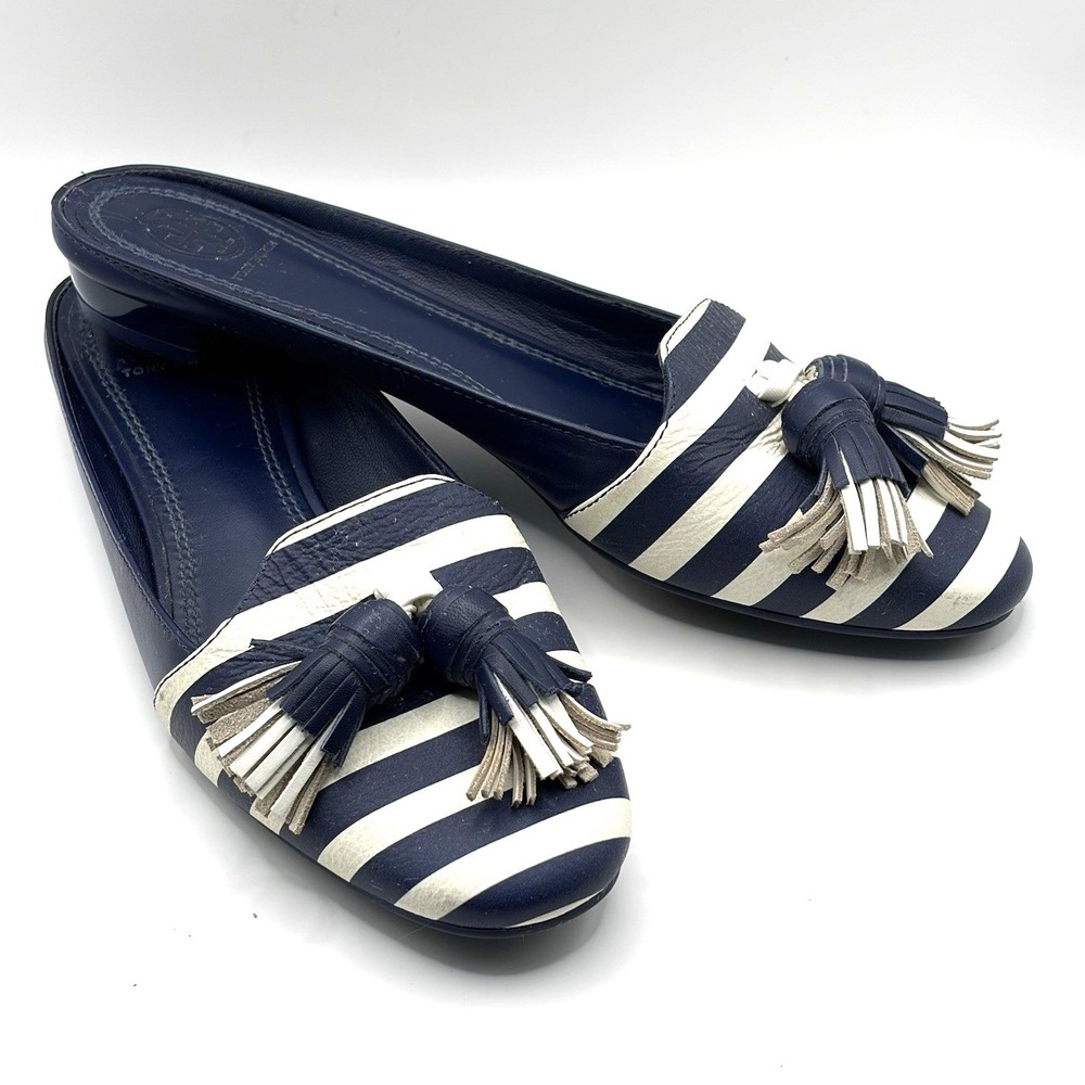 Tory Burch blue white striped Flats Leather Size 6.5